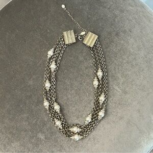 Silvertone faux pearl crystal rhinestone multi strand multi layered necklace